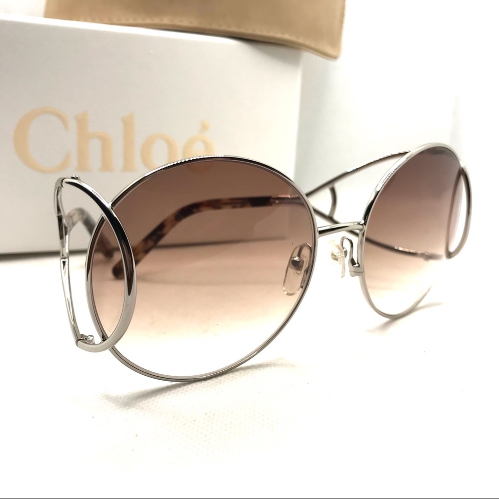 CHLOE ROUND FRAME SILVER METAL OVERSIZED SUNGLASSES WITH CASE NIB - Picture 3 of 16